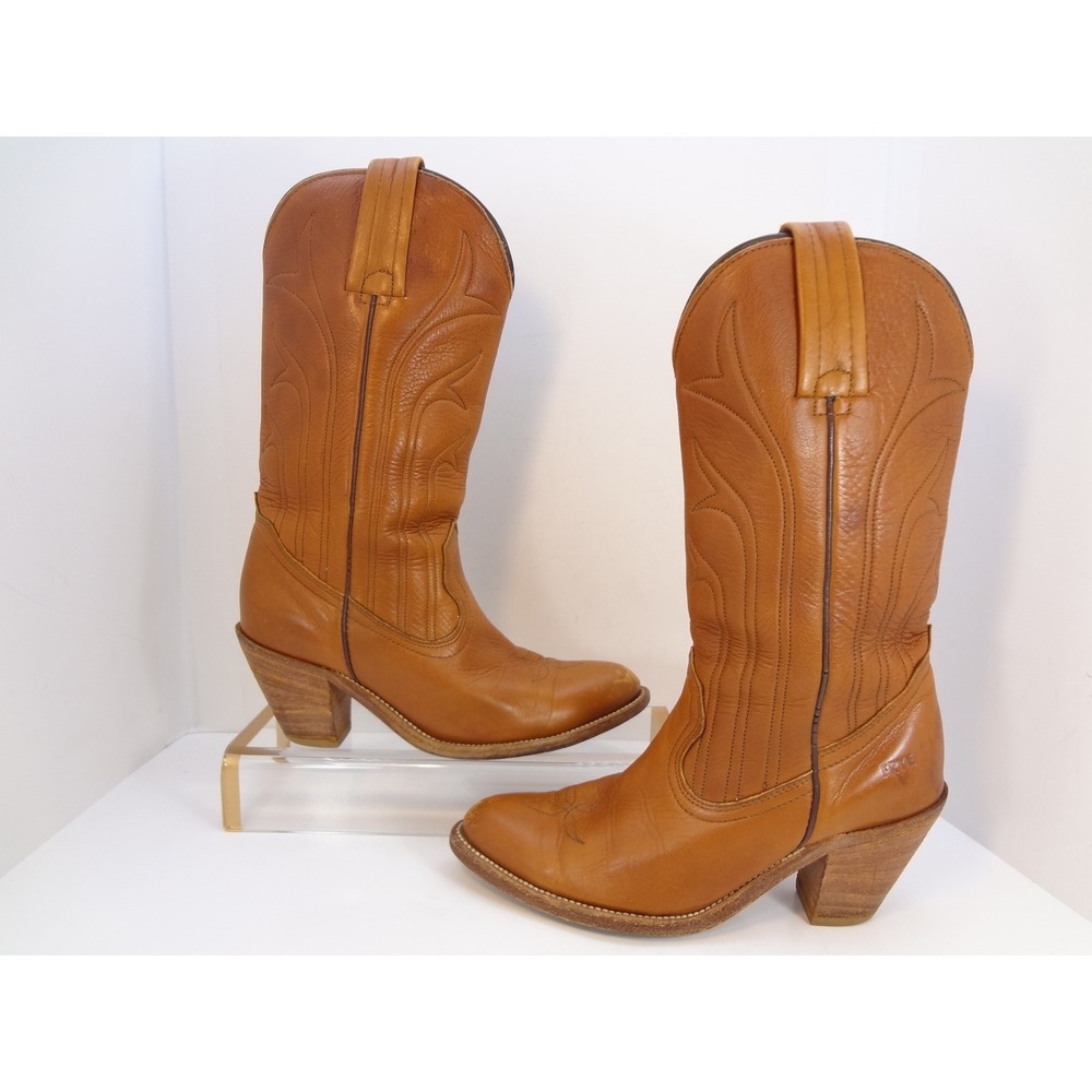 Frye Western Cowboy Boots Womens 7.5B Tan Leather Good Vintage Stacked Heel USA - Picture 6 of 9